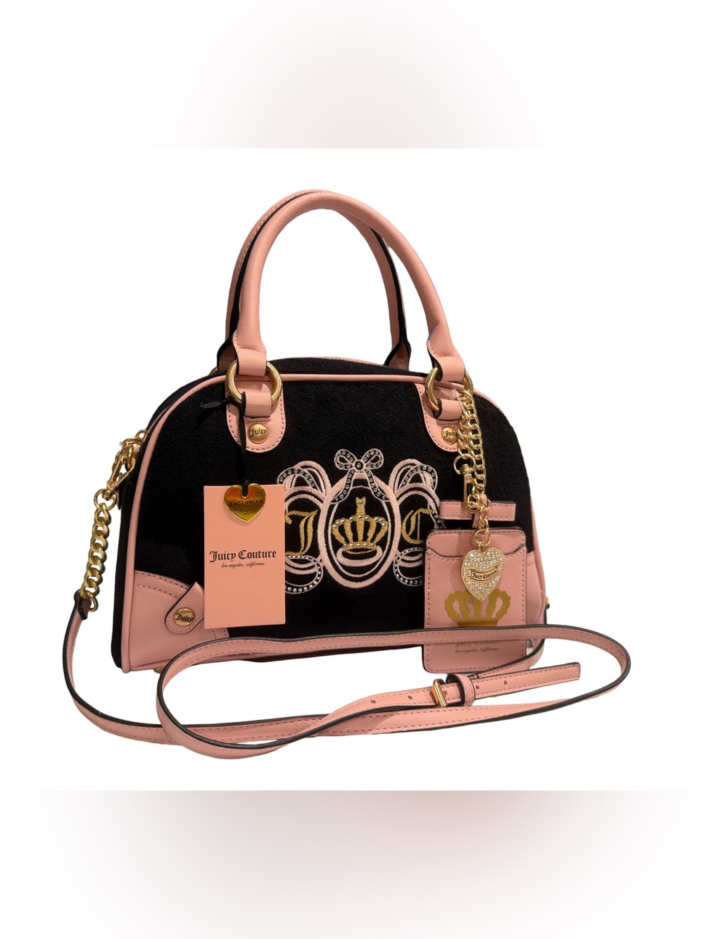 Juicy Couture NWT Black & Pink Embroidered Dome Satchel Gold Hardware (P238 - Picture 2 of 16